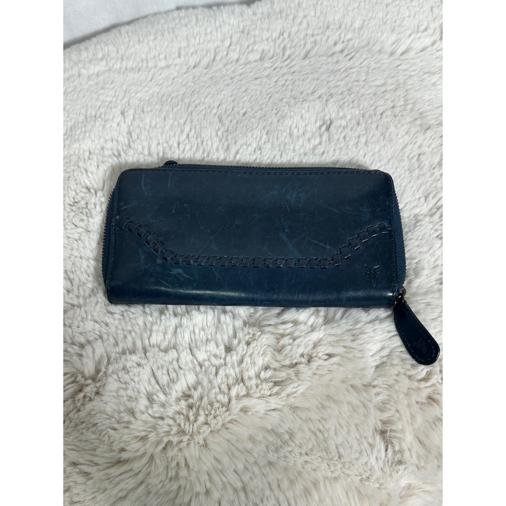 Frye Melissa Zip Around Leather Wallet Navy Slate Blue Whipstitch Continental - Picture 3 of 7